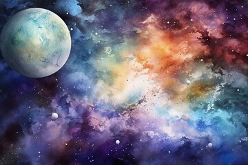 An artistic depiction of a watercolor space backdrop featuring a galaxy and planet. Generative AI - obrazy, fototapety, plakaty