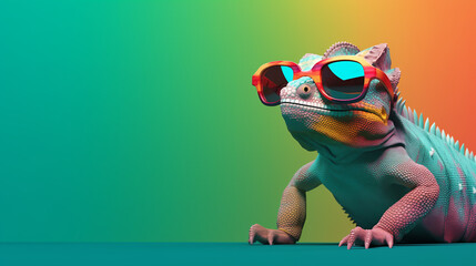 closeup of a colorful chameleon lizard, chameleon wearing sunglasses on a solid color background, vector art, digital art, faceted, minimal, abstract, Wild chameleon in jungle, Generative Ai - obrazy, fototapety, plakaty