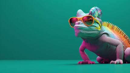 closeup of a colorful chameleon lizard, chameleon wearing sunglasses on a solid color background, vector art, digital art, faceted, minimal, abstract, Wild chameleon in jungle, Generative Ai - obrazy, fototapety, plakaty