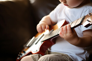 Fototapeta premium Close-up of a child hands playing electric guitar. A boy is playing an electric guitar. Training in children's mental development. Childhood dreams and assertiveness. Soft focus. Blurry background.