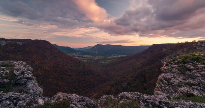 Balcon de Pilatos viewpoint Ubaba in Navarra, Urbasa timelapse during sunset in fall autumn season Large deep valley viewed from a cliff with beautiful clouds