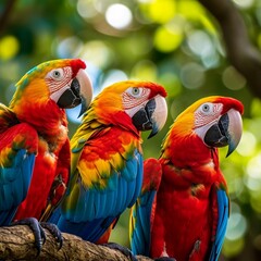 Bright birds in nature. Bright colorful birds in the forest, on a tree, on a branch. Nature. Wallpaper.