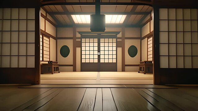 Traditional interior for dojo or karate school hall. Spacious room for martial arts practicing. 
