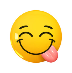Emoji Face Savoring Food. Emotion 3d cartoon icon. Yellow round emoticon. Vector illustration
