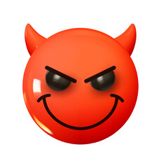 Smiling Face with Horns Emoji. Emotion 3d cartoon icon. Red round emoticon. Vector illustration