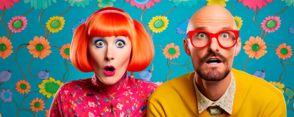 A surprised woman with bright orange hair and a bald man with glasses on a colorful floral background show amazement and whimsy. Brightly colored holiday promo. Insane marketing and advertising