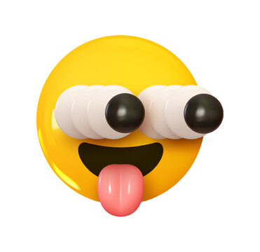 Emoji with protruding eyes and lolling tongue. Emotion 3d cartoon icon. Yellow round emoticon. Vector illustration