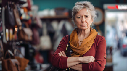 A dissatisfied lady shopper in store with arms crossed