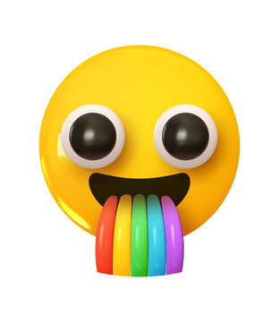 Emoji smile of happiness from an open mouth rainbow. Emotion 3d cartoon icon. Yellow round emoticon. Vector illustration