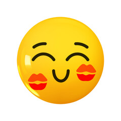 Emoji happy with kiss marks on his cheeks. Emotion 3d cartoon icon. Yellow round emoticon. Vector illustration