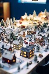 Creative office desk decorated with a miniature Christmas village, complete with tiny houses and snow, Generative AI