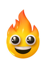 Emoji Smiling fire flames with big eyes. Emotion 3d cartoon icon. Yellow round emoticon. Vector illustration