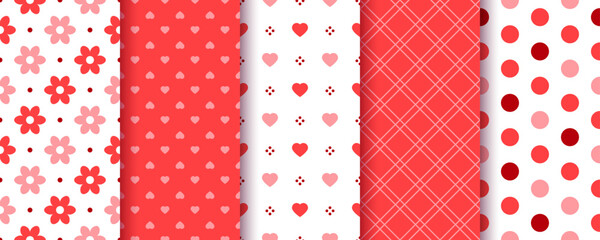 Valentine's day seamless pattern. Cute background. Red pink textures with heart, flower, polka dot and check. Set romantic girly prints. Love wrapping papers. Holiday backdrops. Vector Illustration