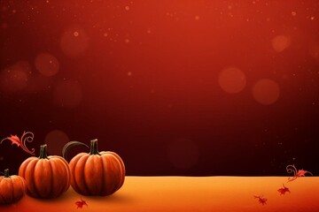 Background banner with space, three pumpkins on red, autumn theme. Generative AI