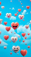 Obraz na płótnie Canvas Playful heart balloons with expressive faces rise up among fluffy white clouds, symbolizing lighthearted love and carefree joy. Love Event. Valentine's Day. Greeting card