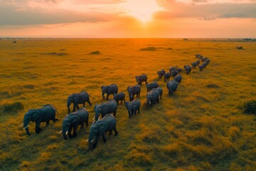 Herd of elephants roaming through the grasslands.