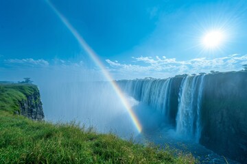 Majestic view of waterfall and rainbow with its thunderous water spray.