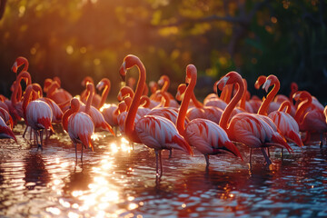 Obraz premium Flock of flamingos at a tropical lagoon.