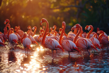 Flock of flamingos at a tropical lagoon.