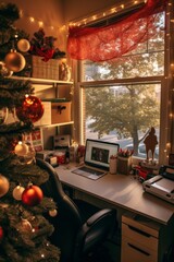Holiday-themed office cubicle, filled with Christmas ornaments and a mini Christmas tree, Generative AI