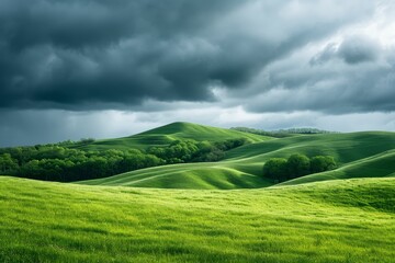 Obraz premium Rolling green hills under a stormy sky.