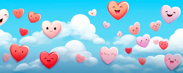 Playful heart balloons with expressive faces rise up among fluffy white clouds, symbolizing lighthearted love and carefree joy. Love Event. Valentine's Day. Greeting card