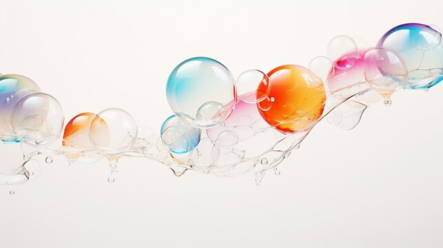 Delicate soap bubbles, perfectly captured against a pure white background, create a mesmerizing display of iridescent colors and ephemeral beauty in this high-definition photo.