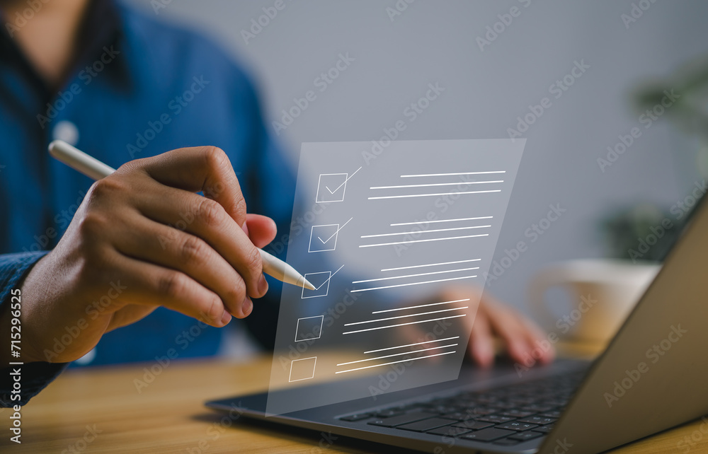 Poster business performance checklist concept, filling out digital form checklist. businessman using laptop