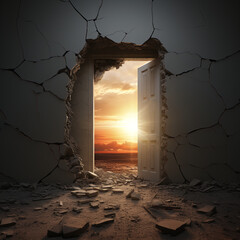 room with door, Broken wall in the door, room with door, broken wall in the door, light shines through the door