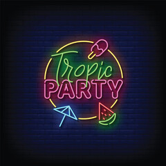 Neon Sign tropic party with brick wall background vector