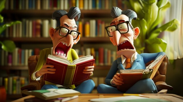 Cartoon scene of a book club where one book is visibly annoyed as another book is constantly interrupting the discussion with fun facts and trivia about the author