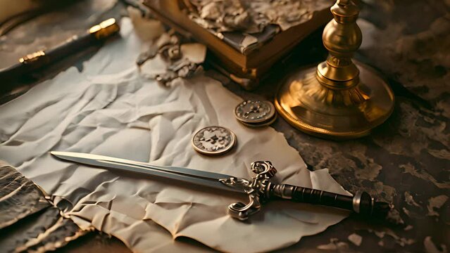 Fantasy background. Medieval sword and coins.