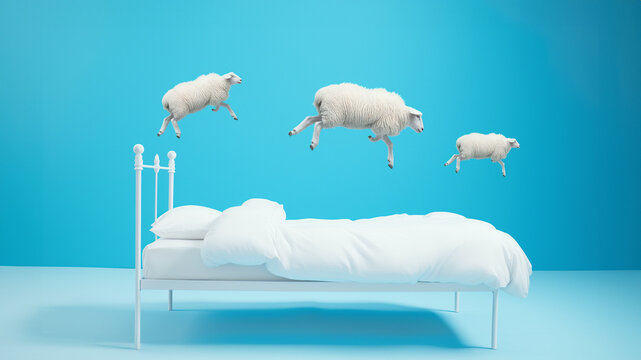 Three sheep jump over a white bed in a surreal depiction of the concept of counting sheep for insomnia or sleep-related themes on a blue background