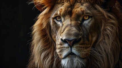 Fototapeta premium Majestic male lion with a full mane, gazing intently against a dark background