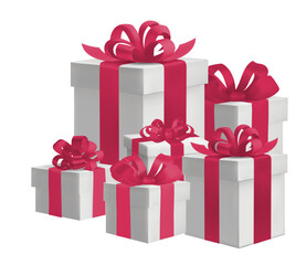 Vector set of white and red gift boxes with ribbons. Realistic 3D gift box for modern realistic design