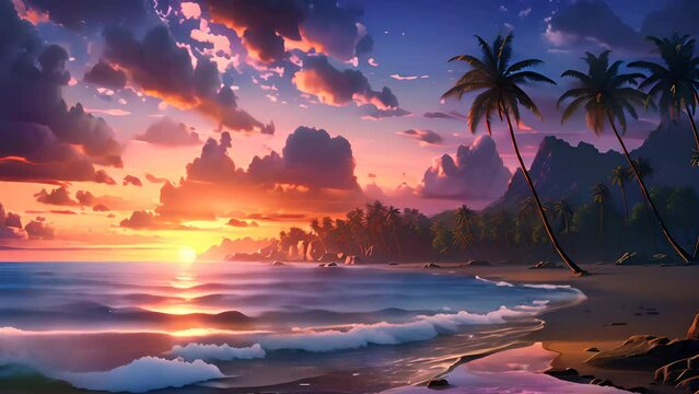 Beautiful tropical beach with palm trees at sunset. Retrowave fantasy landscape background.