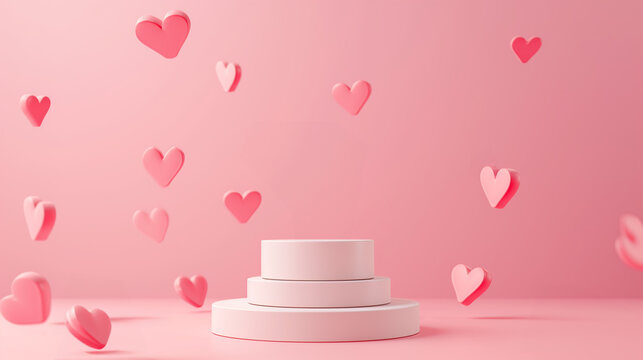 A romantic Valentine's Day concept image featuring floating hearts and a three-tiered product display podium set against a pastel pink background