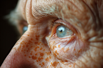 Close-up of a senior person's eye, highlighting details like eyelashes, wrinkles, and freckles, representing concepts of aging, wisdom, or experience