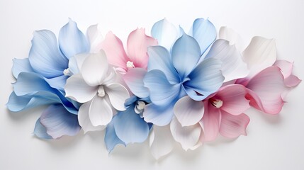 the captivating combination of white, blue, and pink petals against a pristine white surface.
