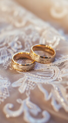 Obraz na płótnie Canvas A pair of golden wedding bands delicately placed on a lace surface, symbolizing the concept of marriage and commitment
