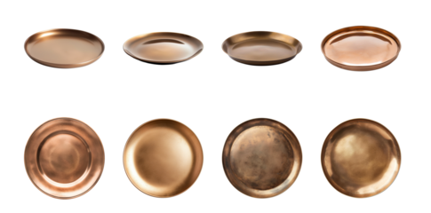 Set of various copper plates with different patinas isolated on a transparent background, top view, kitchenware concept