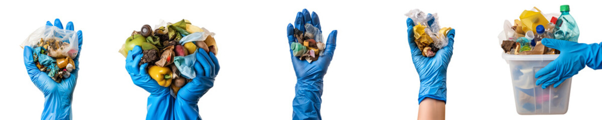 Hands in blue gloves sorting assorted types of waste for recycling or disposal, isolated on a transparent background, waste management concept - obrazy, fototapety, plakaty