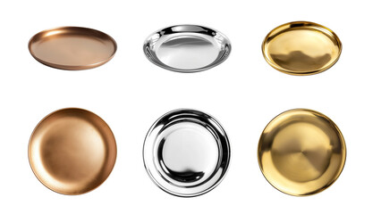 Assorted empty metallic plates in bronze, silver, and gold finishes isolated on a transparent background, suitable for dining and decoration concepts