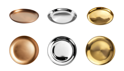Assorted empty metallic plates in bronze, silver, and gold finishes isolated on a transparent background, suitable for dining and decoration concepts