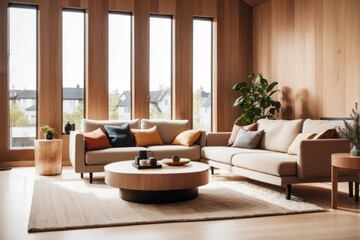 Scandinavian interior home design of modern living room with beige sofa beside the window with wooden panel wall