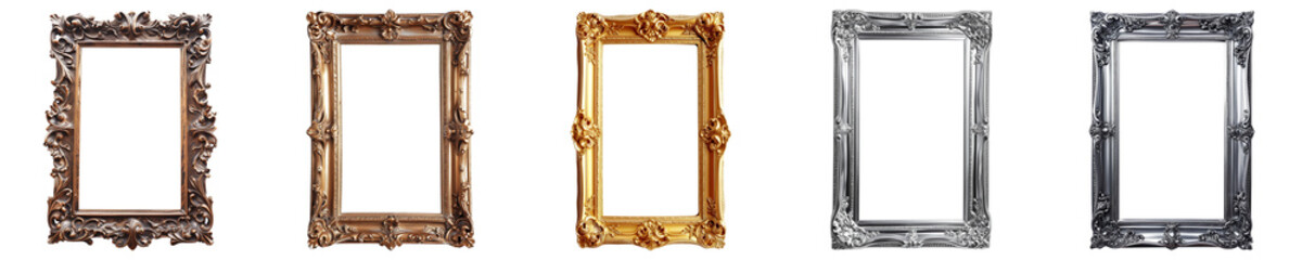 A collection of empty ornate picture frames in various finishes isolated on a transparent background, suitable for art galleries or interior design concepts