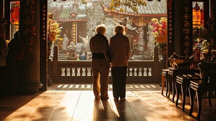 the couple paying respects at a historic temple. Early morning light casts serene shadows - obrazy, fototapety, plakaty