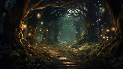 enchanted forest with pathways leading to hidden glades and a sense of adventure and mystery - obrazy, fototapety, plakaty