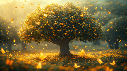 An artistic rendering of a lemon tree with butterflies fluttering around it.