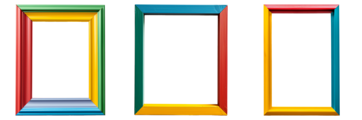 Three vibrant multicolored wooden picture frames isolated on a transparent background, ideal for interior design concepts or creative projects